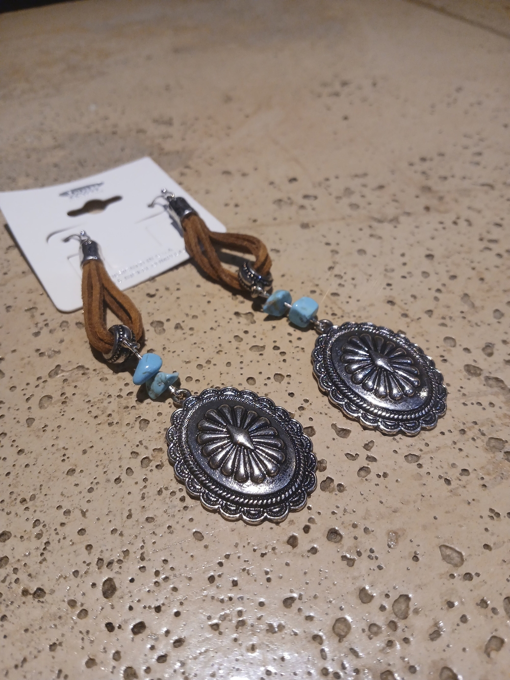 ICON Silver-Tone Concho Earrings with Turquoise Beads and Brown Suede